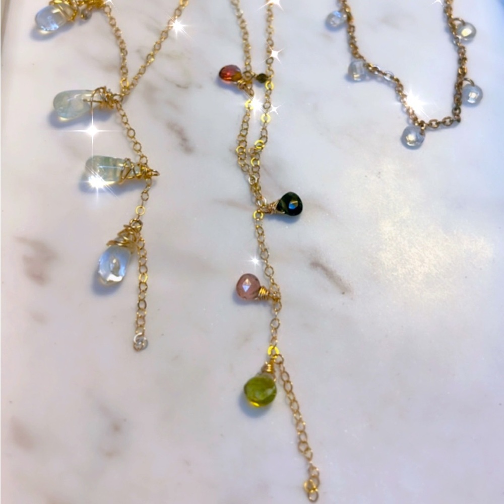 Tiny gemstone treasures! 3 necklaces with tourmaline, sapphire, and crystals.